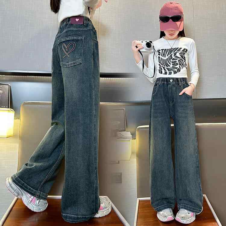 子供服 ジーンズ ガールズ ワイドレッグパンツ ストレートパンツ ロングパンツ デニムパンツ 春秋 中大サイズ コットン ゆったり かわいい ポケット付き 120cm 130cm 140cm 150cm 160cm 170cm
