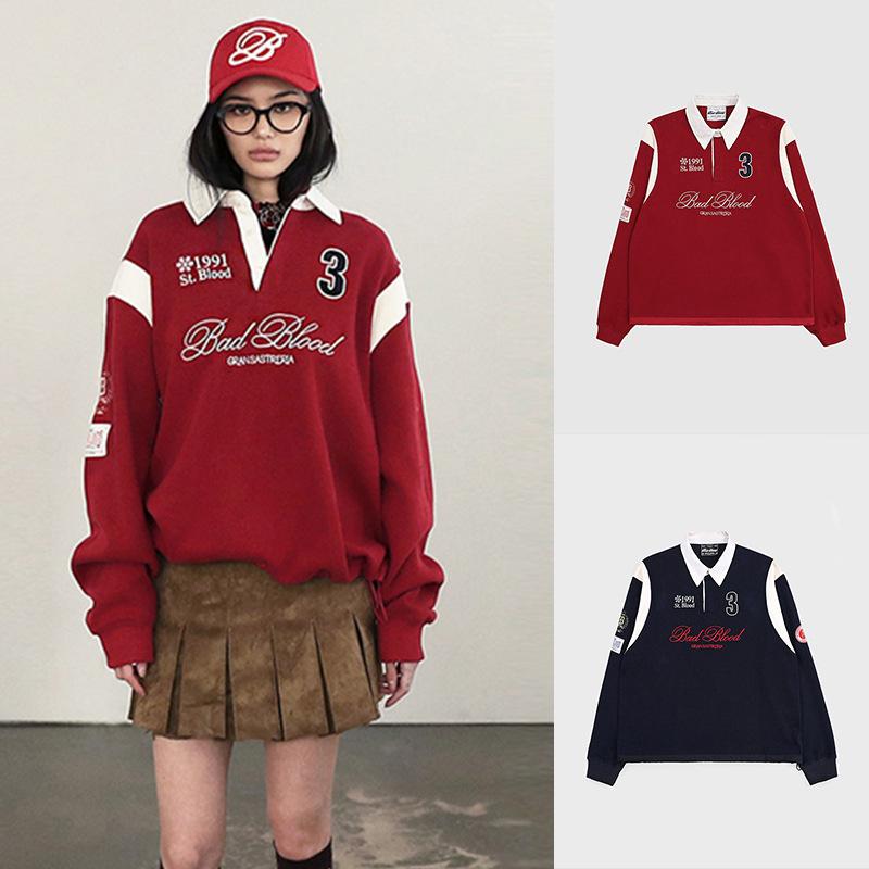 スウェット レディース 美式 レトロ トレーナー プルオーバー 紺色 赤色 カットソー トップス 長袖 POLO襟 ゆったり 通勤