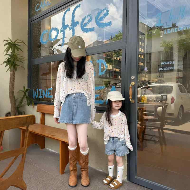 親子ペアルック レディース 薄手トップス デニムショートパンツ セットアップ 親子コーデ 春夏 接触冷感 涼しい かわいい 波点 水玉