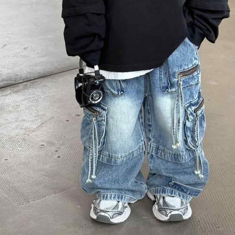 子供服 デニムパンツ 男の子 ストリート ダンス ロングパンツ 春秋 中厚手 ウエストゴム ブルー コットン