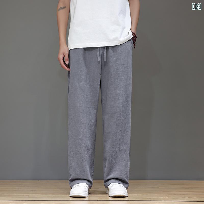 パンツ メンズ 男性用 リネンパンツ 亜麻 ズボン ストレートパンツ カジュアルパンツ ゆったり 大きめサイズ 薄手 無地 ベージュ グレー ブラック オレンジ ネイビー