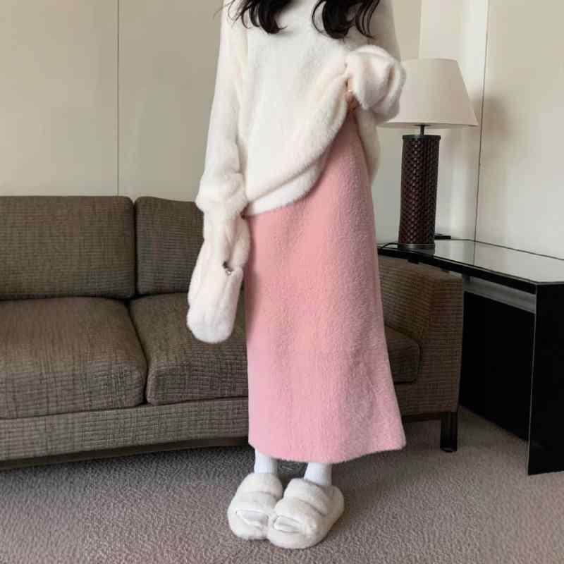 スカート レディース 膝丈 ニット 秋冬 高見え Aライン ウエストゴム 無地 きれいめ かわいい ピンク系 黒 杏色 普段使い 韓国ファッション