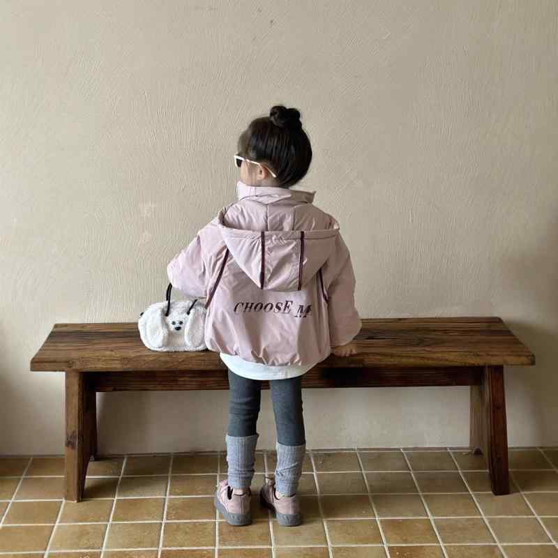 子供服 ガールズ 中綿入りジャケット 厚手 フード付き アウター 冬服 韓国風 運動 普段使い ポリエステル ピンク系 グレー ホワイト