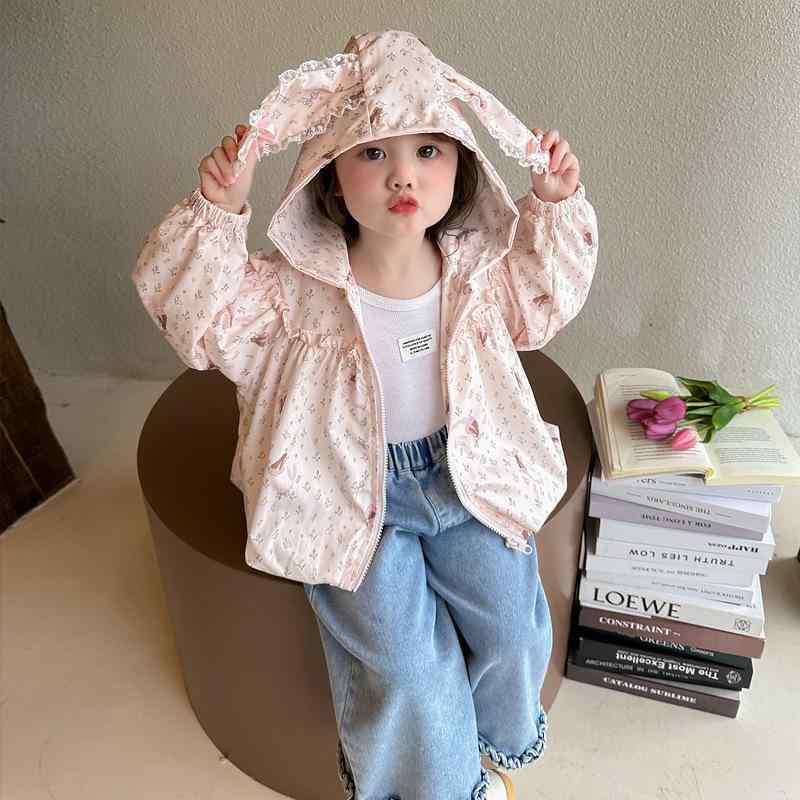 子供服 ジャケット 女の子 春秋 ブルゾン 花柄 フード付き ガールズ アウター 普段着 かわいい 綿100% 90 100 110 120 130 140 ピンク系 ホワイト