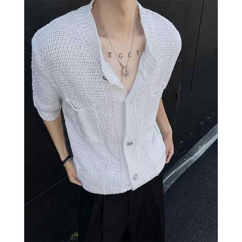 シャツ メンズ 半袖 ニット カーディガン トップス サマーニット 接触冷感 通気性 20代 30代 40代 春夏 ホワイト ブラック