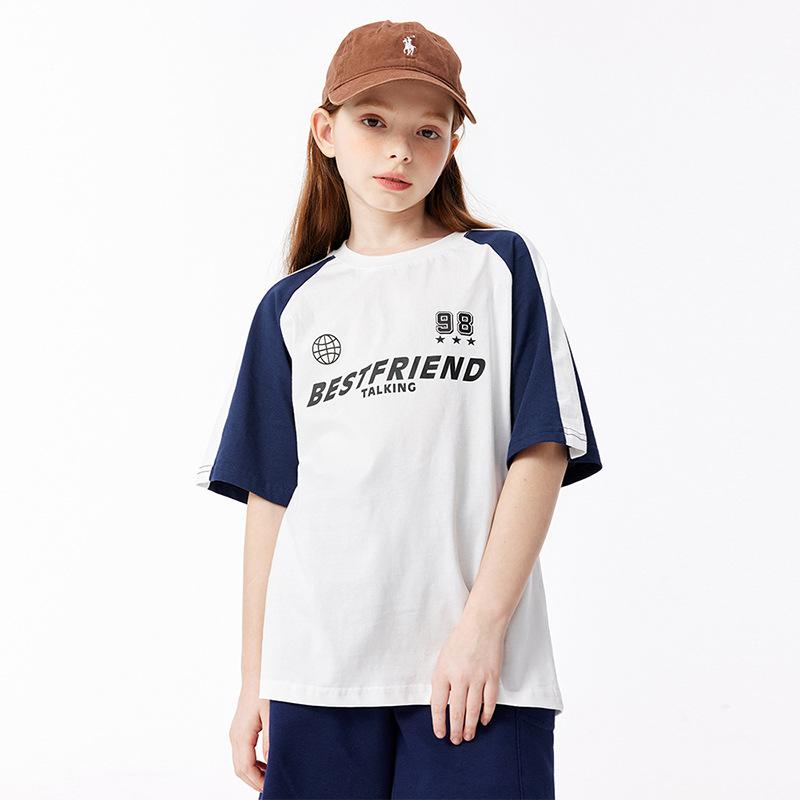 Tシャツ キッズ 男女兼用 子供服 半袖 コットン 切り替え トップス 普段着 部屋着 スポーツMIX スポーティー ストリート アメカジ 春夏 ホワイト 紺