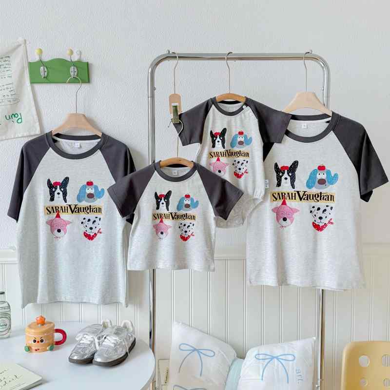 Tシャツ 親子 ペアルック 夏物 半袖 コットン ファミリー 家族 お揃い トップス カットソー 灰色 グレー
