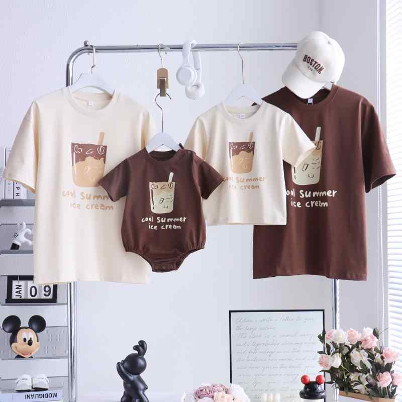 Tシャツ 親子 ペア 半袖 カットソー ファミリー お揃い コーデ 綿100 杏色 カーキ 家族 旅行 普段使い かわいい