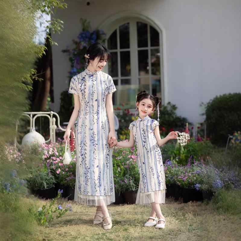 チャイナドレス レディース 親子コーデ 母娘 ペアルック ワンピース 子供 中華風 礼服 薄手 ポリエステル 花柄 110cm 120cm 130cm 140cm 150cm 160cm S M L XL XXL XXXL