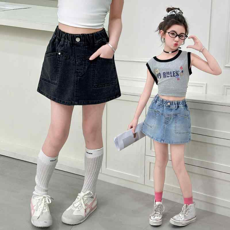 子供服 デニムスカート パンツ付き 女の子 スカートパンツ 韓国風 キュロットスカート 夏 B類 聚??? 高腰 無地 ブラック ブルー 120cm 130cm 140cm 150cm 160cm 170cm