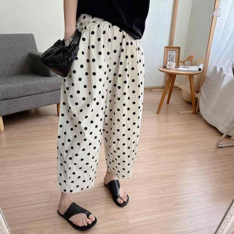 レディース 九分パンツ 高腰 ゆったり ボリューム 気球 ボボ グラニーパンツ ポルカドット 夏用 薄手 ポリエステル 微弾性 切り替え 日韓カジュアル 普段使い 軽量 伸縮性 通勤 コーデ ブラック アイボリー ピンク系