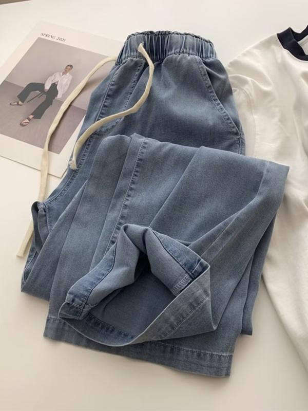 パンツ レディース 夏 高腰 デニムパンツ 直筒 ワイドレッグ ロング丈 綿混 ポリエステル ミディアム厚 ブルー 通勤 気質 快適 ゆったり シルエット スリム効果 垂れ感 ゆったりカジュアル デイリー スタイル 軽やか 動きやすい 洗練 コーデ アイ