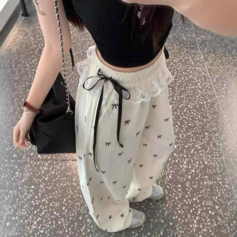 レディース 夏 ワイドパンツ 直筒 ハイウエスト 切り替え レース バタフライボウ 薄手 ポリエステル 微弾性 かわいい セクシー ミルク杏色 ブラック 長ズボン ゆったり ルームウェア 普段使い 通勤用 軽量 吸湿速乾 接触冷感