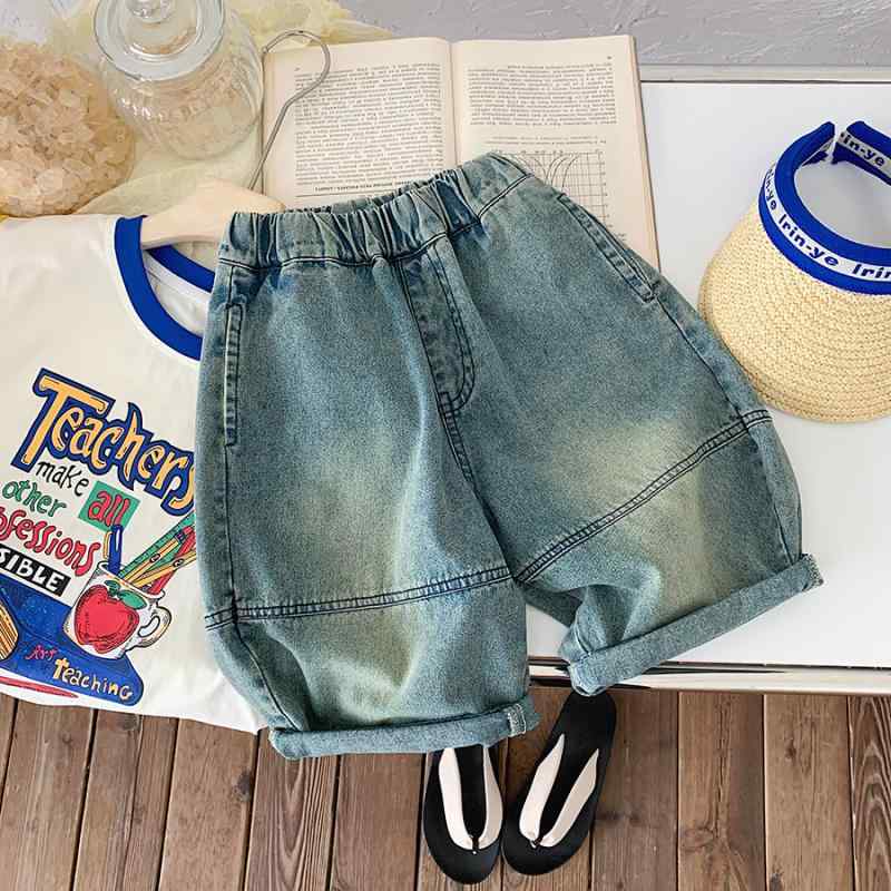 子供服 パンツ キッズ 男児 デニム ジーンズ ストレート 7分丈 春秋 伸縮性 コットン 90cm 100cm 110cm 120cm 130cm 140cm 150cm ブルー