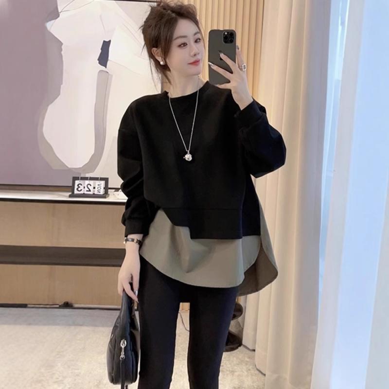 パーカー レディース 大きいサイズ ゆったり 長袖 トレーナー ドッキング フェイクレイヤード 配色 ポリエステル ブラック 黒 ブラウン 茶色 M L XL 2XL 3XL 4XL 5XL 韓国風