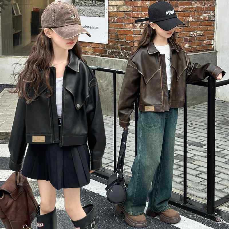 子供服 ジャケット 女の子 PUレザー アウター 春秋 ショート丈 韓国風 かわいい おしゃれ ブラック ブラウン 120cm 130cm 140cm 150cm 160cm 170cm