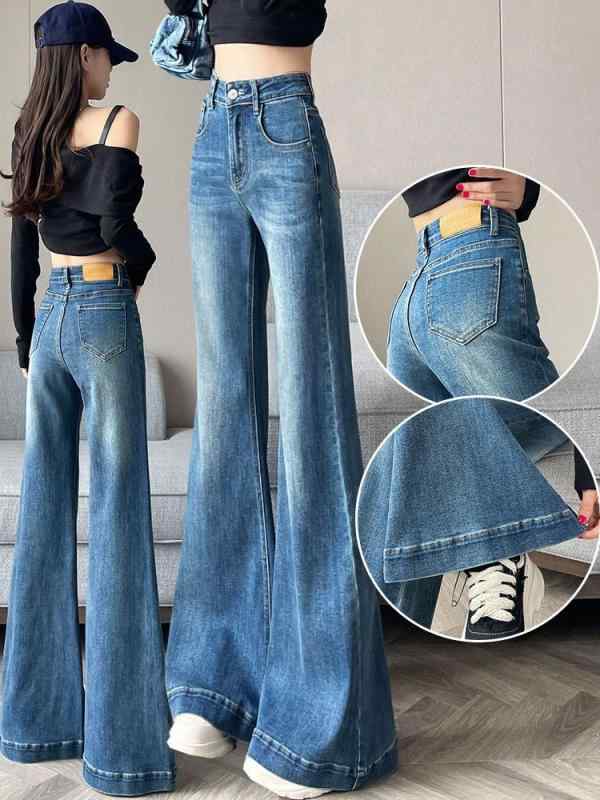 レディース ワイドレッグ デニムパンツ ハイウエスト 春夏 気質 通勤 スタイル コットン 素材 高弾力 伸縮性 微喇形 ロング丈 ブルー 切り替え デザイン 梨型身材 対応 軽量 ミディアム厚 梨形ボディ フィット 流浪風 ドラッグフロア シルエット