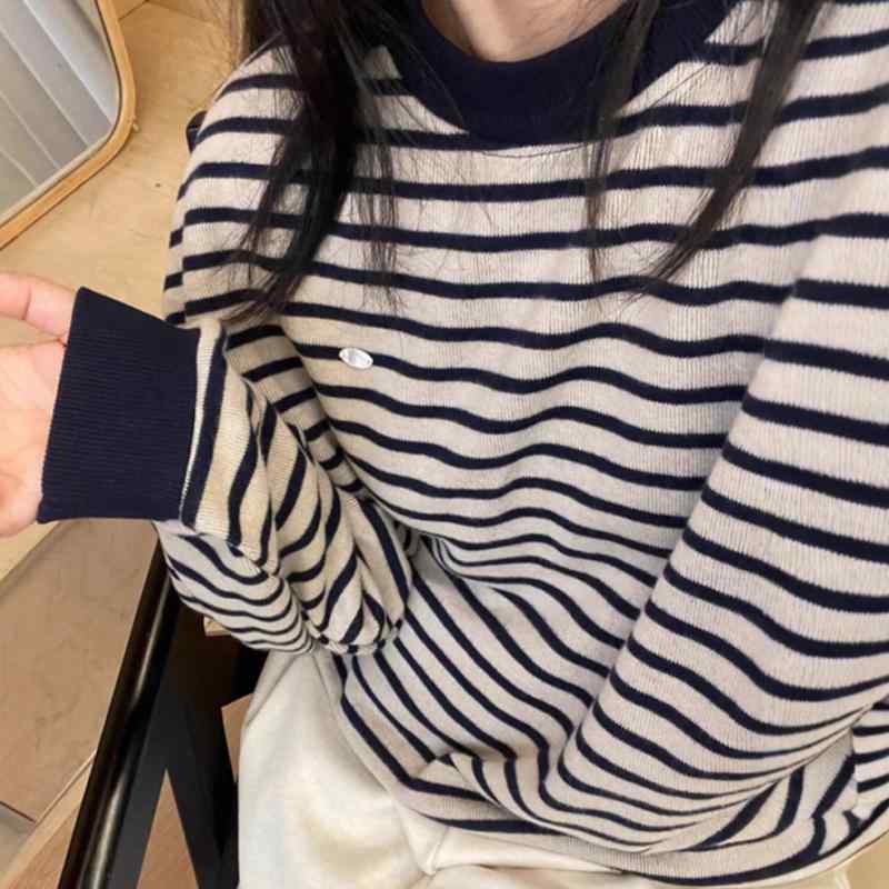 トレーナー レディース 春秋 ラウンドネック プルオーバー ゆったり カジュアル ストライプ トップス 紺色 ネイビー ブラウン ポリエステル