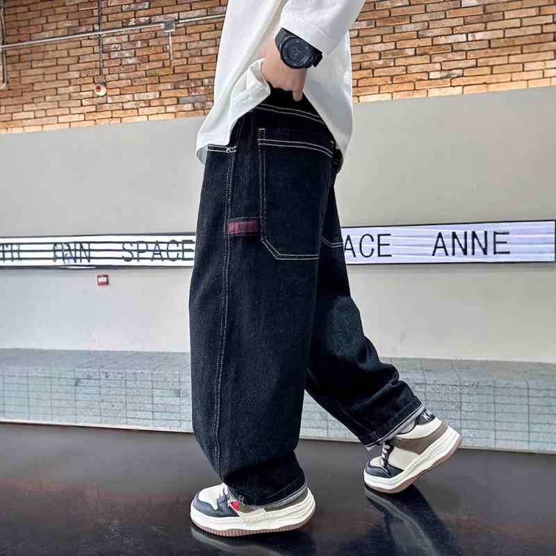 子供用ジーンズ 男の子 春秋 ワイドレッグパンツ 子供服 ボーイズ デニムパンツ カジュアルパンツ ロングパンツ コットン 深藍色