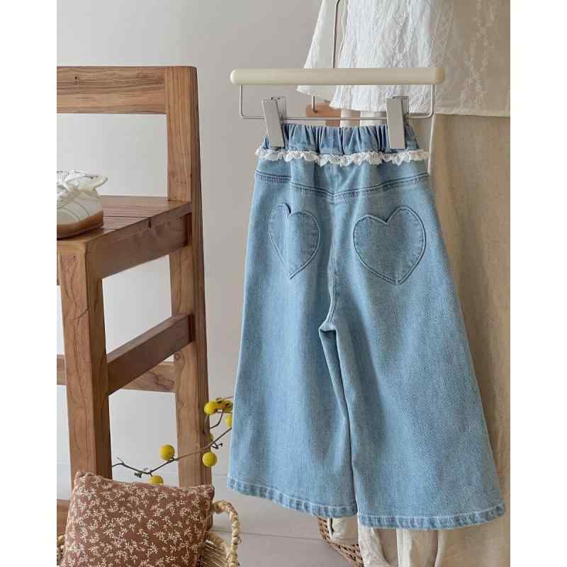 子供服 ガールズ デニムパンツ 春秋 花柄レース付き ワイドレッグパンツ ブルー 100cm 110cm 120cm 130cm 140cm 普段着 おしゃれ着 かわいい B類 中小キッズ 綿