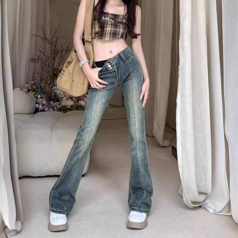 レディース デニムパンツ ミラーパンツ ハイウエスト 直筒 修身 ロング丈 春秋 コットン ミッドウェイト 中弾力 ボタン 復古 ライトブルー 伸縮性 吸湿速乾 免アイロン スリムフィット 普段使い 通勤用 カジュアルスタイル