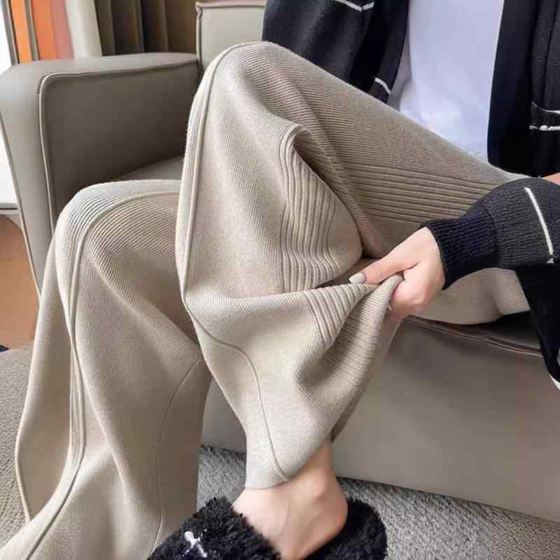 レディース 秋冬 ニット ワイドパンツ 直筒 高腰 切り替え ゆったり 落ち感 ストレッチ ポリエステル 混紡 燕麦色 ピンク アイボリー ブラック 普段使い カジュアル スタイル