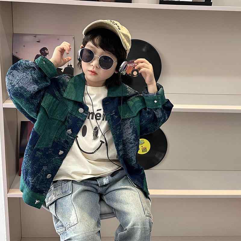 子供服 ジャケット 春秋 ブルゾン 男の子 レトロ 配色 切り替え ワークジャケット Gジャン ゆったり ボーイズ おしゃれ トップス