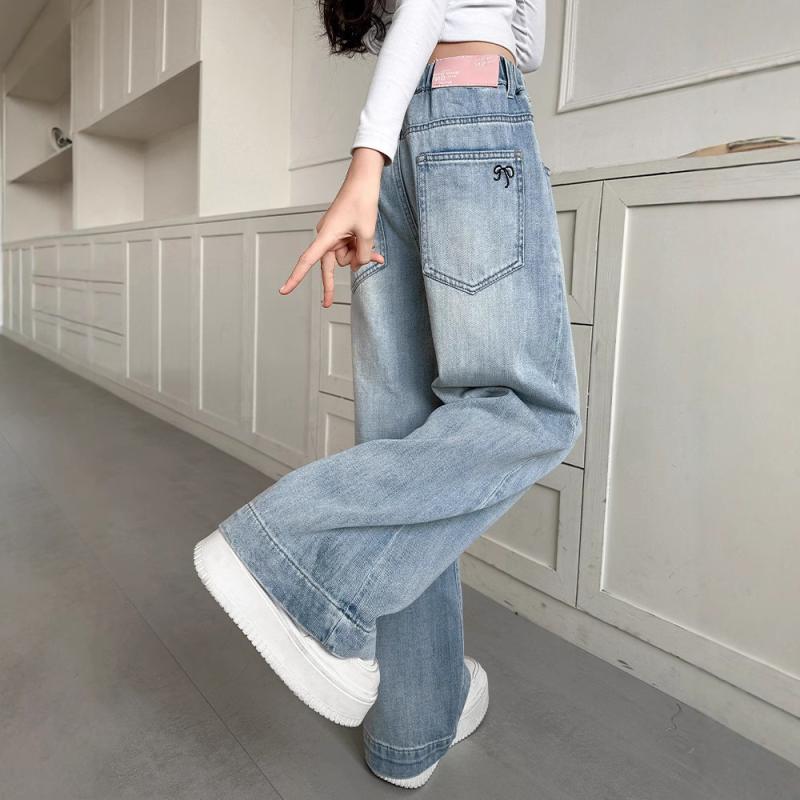 子供服 デニムパンツ 女の子 ワイドレッグパンツ 春秋 中大子供服 ロングパンツ ガールズボトムス コットン ブルー 8歳以上 春秋向け