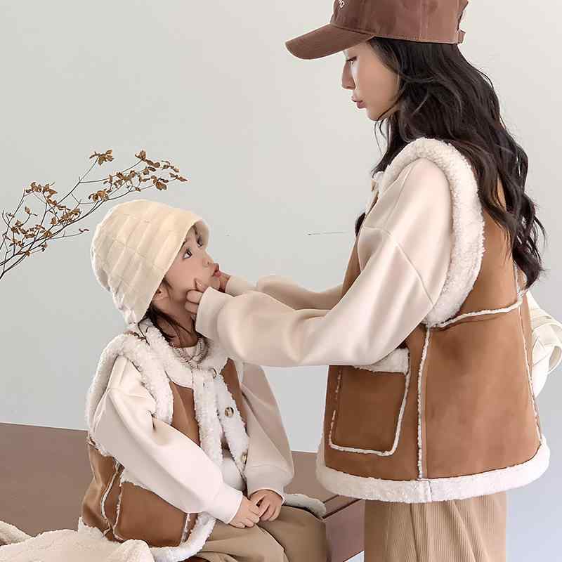 ベスト 親子ペア 秋冬 羊毛ベスト 両面着用 ノースリーブ あったか ふわふわ 防寒着 かわいい おしゃれ カジュアル