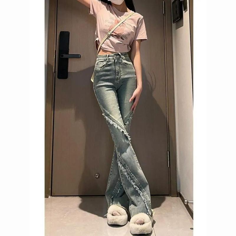 デニムパンツ 女性用 春夏 軽量 伸縮性 吸湿速乾 コットン素材 ハイウエスト ミディ丈 フレアシルエット ポケット付き 軽やか ルーズフィット ブルー系 普段使い 通勤 通学 快適 スタイルアップ スリムライン 足長効果 タイトフィット ストレッチ ソ