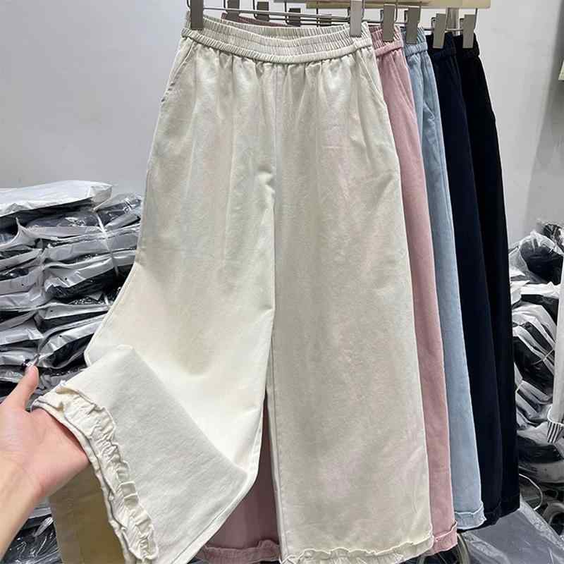 レディース ワイドパンツ ハイウエスト 直筒 花辺 切り替え 綿混 薄手 通勤 普段使い 気質 快適 米白色 浅ブルー ピンク ネイビー ブラック