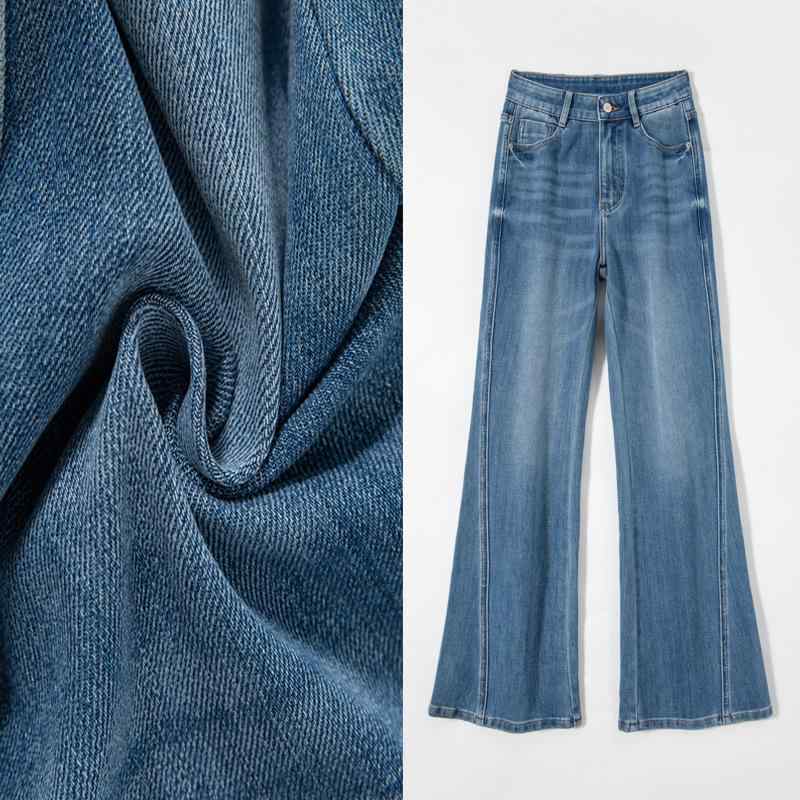 レディース デニムパンツ 微喇 ハイウエスト 長ズボン コットン ポリエステル 混合 中弾力 伸縮性 金属 装飾 気質 通勤 淑女風 気質 優雅 ビンテージ 水洗い 修身 フィット 夢 ブルー 秋 ウィンター 免? 加工 軽量 快適 普段使い ビジネス
