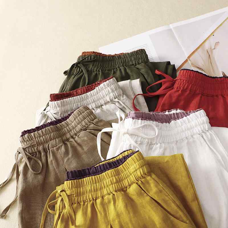 レディース ハーレムパンツ 女性用 綿麻 素材 コットン 混 高腰 ワイド レッグ 九分丈 夏用 ゆったり フィット 伸縮性 なし ポケット 付き 快適 日常使い カジュアル スタイル 赤 白 ベージュ カーキ 緑 黄 カラーバリエーション ミドル 厚み