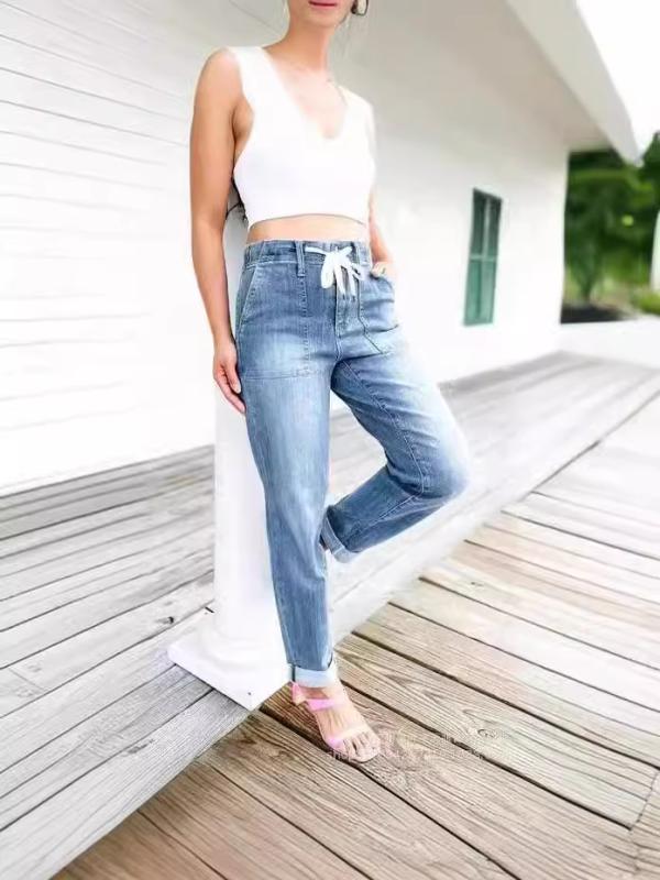 レディース デニムパンツ スキニーパンツ 松緊腰 伸縮性 小脚 再生繊維 接触冷感 軽量 ビンテージ風 クラシカル 普段使い 快適 カジュアル 長丈 ペンシル ハイウエスト ミッドライズ ブルー ブラック グリーン 春夏 秋 デイリー トップス コーデ