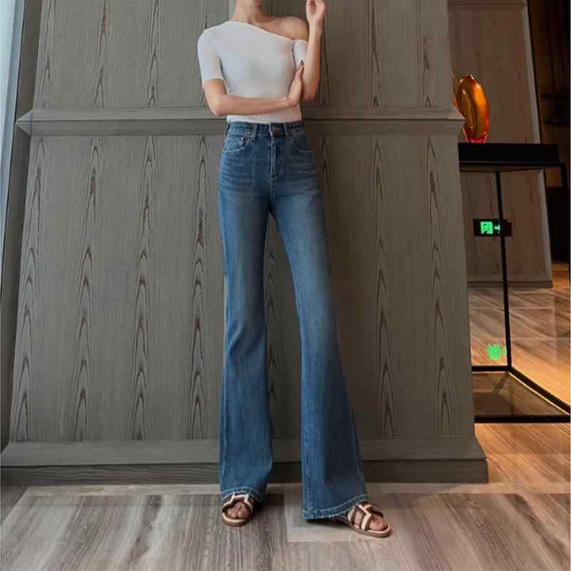 デニムパンツ 女性用 春秋 伸縮性 高腰 ミディム マイクロフレア コットン 綿素材 弾力 スリム ロング丈 気質 通勤 英倫スタイル ライトウェイト ディープブルー ライトブルー ブラック ハイウエスト ビッグシルエット 吸湿速乾 再生繊維 普段使い