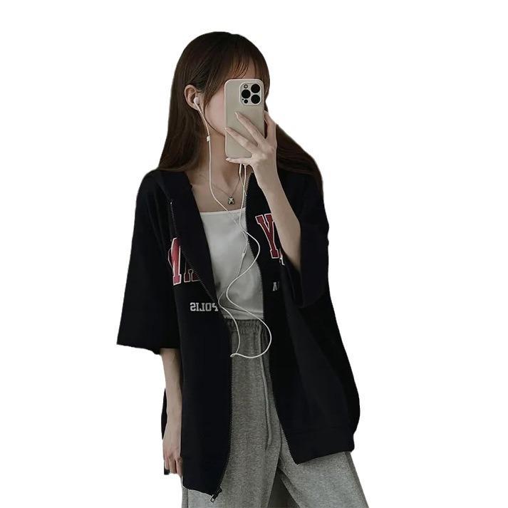 パーカー レディース 春夏 韓国風 スポーツMIX ラグラン袖 フード付き ジップアップ スウェットシャツ ゆったり ブラック系