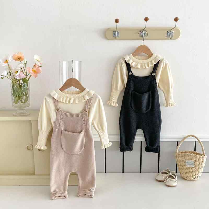 子供服 ニット製背負いパンツ コットン 男女兼用 ベビー 背負いパンツ 幼児用 長袖トップス パンツ 上下セット 春秋 深花灰 米杏