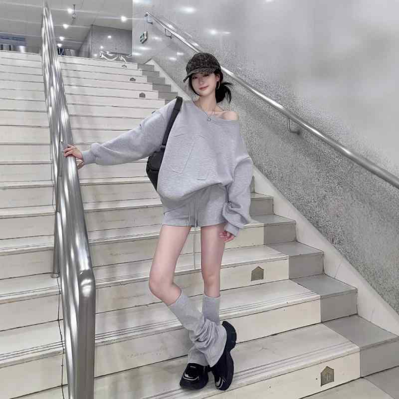 スウェット レディース 2点セット：グレー 上下セット ショートパンツ ルームウェア 部屋着 秋冬 普段使い 韓国風 リラックス ウェア