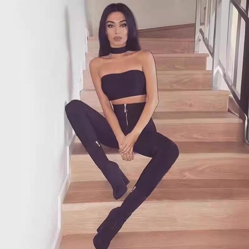 レディース ハイウエスト タイトパンツ セクシー バンドデザイン 伸縮性 ズボン 鉛筆パンツ 小脚パンツ 長ズボン ジッパー 装飾 白色 ブラック ニット素材 ポリエステル スパンデックス 中弾力 街頭スタイル 快適 休? フィット感 タイトフィット 冬