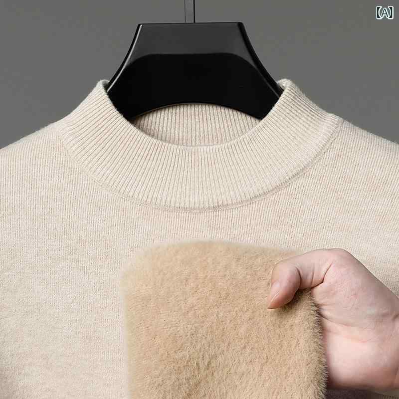ニット メンズ ニットシャツ 裏起毛 長袖 タートルネック あったか 冬用 紳士服 ビジネスカジュアル トップス オフホワイト グレー ブラウン ブラック レッド