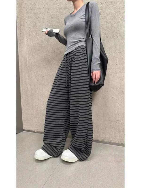 レディース ストレートパンツ 夏 ストライプ柄 コットン混 ポリエステル ミックス 中腰 ドローストリング 腰紐 ゆったり スリム シルエット 長丈 中厚手 ミッドウェイト ミドルストレッチ 快適 ゆったりフィット 日韓 カジュアル スタイル 切り替え