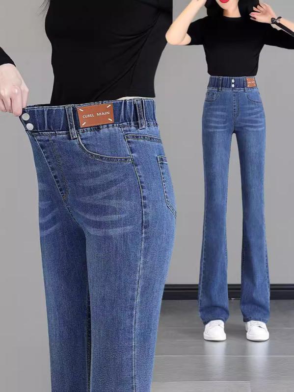 レディース 牛仔パンツ デニムパンツ マイクロフレアパンツ ハイウエスト 九分丈 ロング丈 松?腰 ワイドシルエット 薄手 高弾性 綿混 ポリエステル混 切り替えデザイン 3Dパターン ライトブルー ダークブルー 春夏 秋冬 普段使い ゆったり 大きいサ