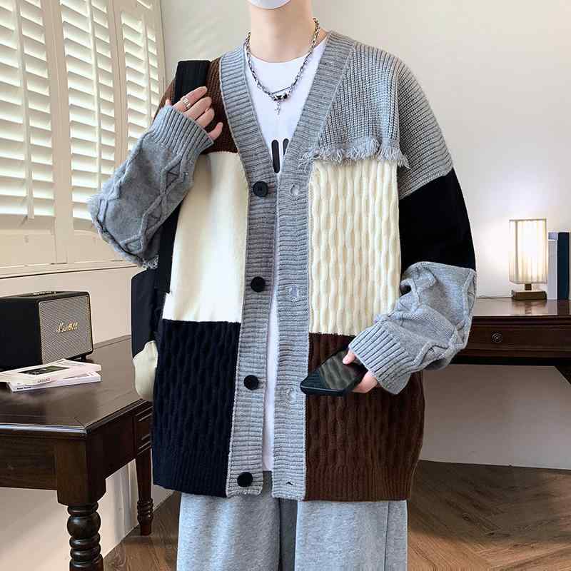 カーディガン メンズ Vネック ニット 麻花編み 配色 秋冬 普段使い デイリーユース