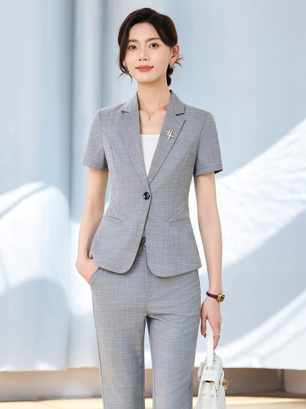 レディース 夏季 セットアップ スカートスーツ 短袖 ジャケット セット 灰色 職業服 ホテル 仕事着 涼しい 接触冷感 ポリエステル ストレッチ 気質 エレガント 女性用 通勤 ビジネス カジュアル 長ズボン 組み合わせ 軽量 吸湿速乾 再生繊維 ブラ