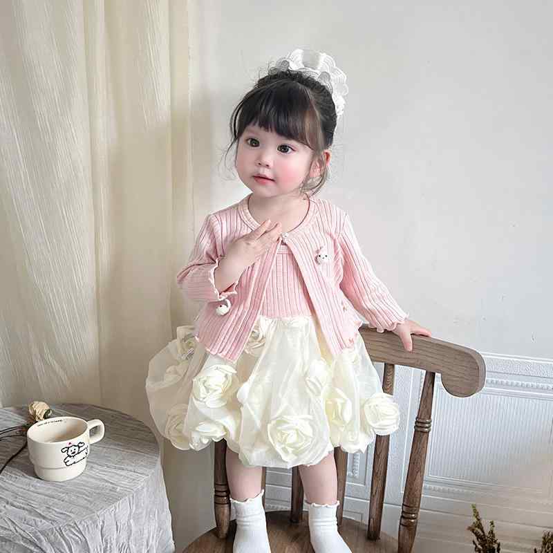 ワンピース キッズ 春夏 女の子 チュールスカート セットアップ 長袖 カーディガン 花柄 かわいい ベビー 幼児 ピンク系