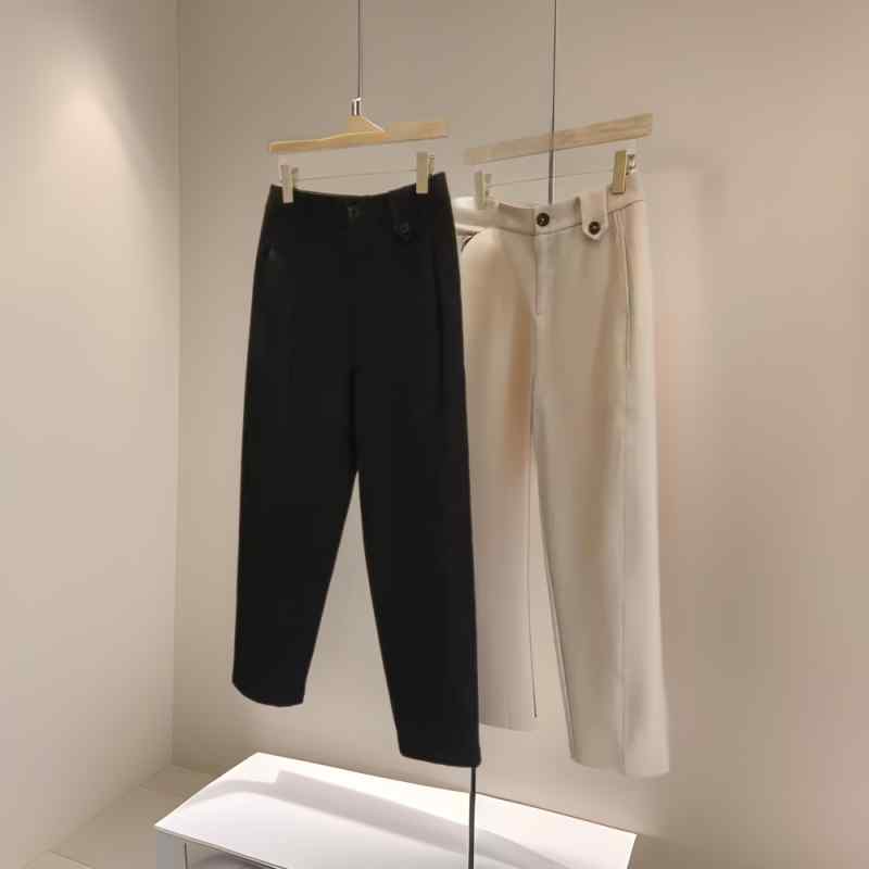 レディース ストレートパンツ 高腰 ポリエステル コットン 混紡 長丈 ポケット シンプル デザイン 杏色 ブラック シワ防止 処理 日常使い 通勤 春夏 軽量 通気性 快適 フィット ベーシック スタイル 女性用 ゆったり シルエット 百搭 コーデ 人