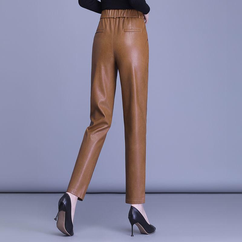 レディース 羊皮パンツ ハーレムパンツ 九分丈 高腰 ゆったりシルエット 秋冬 純色 ブラック 赤 緑 ブラウン 通勤用 普段使い 軽量 柔らかい質感 都市スタイル 気品 切り替えデザイン 伸縮性 吸湿速乾 再生繊維 ビッグシルエット ワイドレッグ 暖か