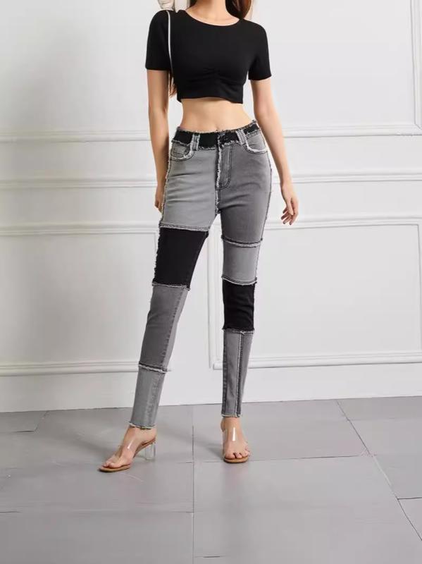 レディース デニムパンツ ハイウエスト 小脚 ロング丈 切り替え ブラック ブルー 綿 高弾力 中厚 直筒 伸縮性 吸湿速乾 酵磨加工 都市スタイル 街頭ファッション 通勤 普段使い 軽量 ビッグサイズ 修身 春夏
