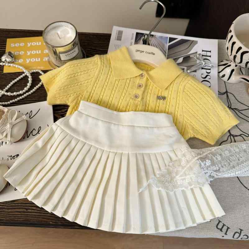 子供用セットアップ ニット半袖Tシャツ プリーツスカート付きパンツ 女の子 夏物 薄手 コットン混紡 イエロー トップス アイボリー スカート 80cm～150cm