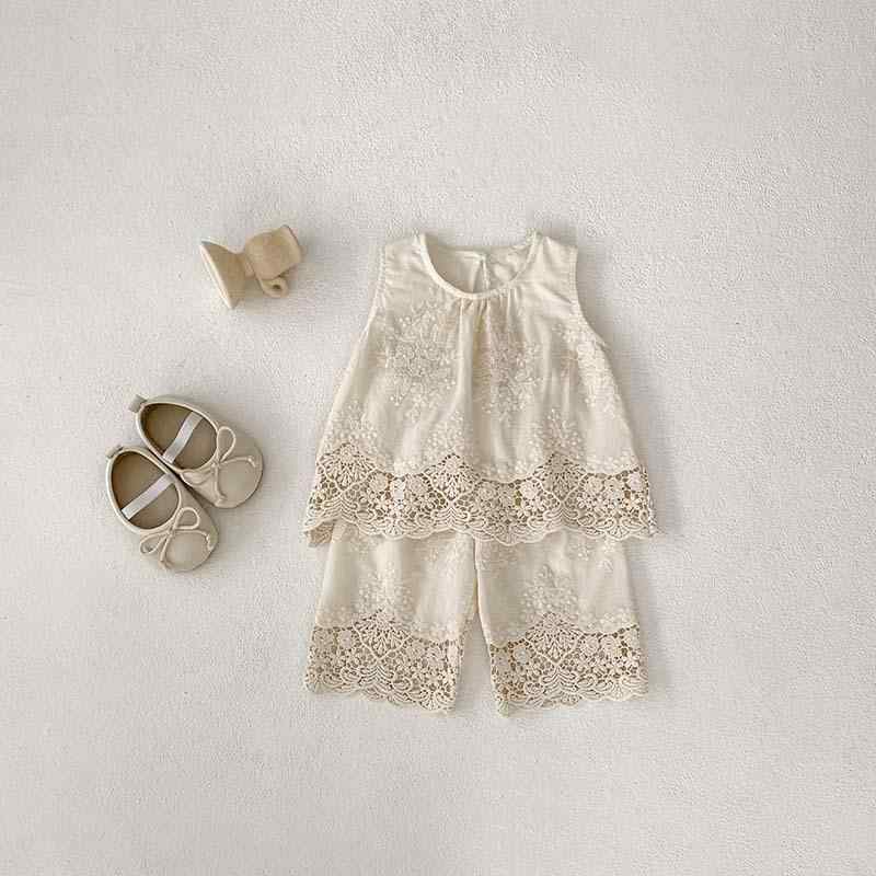 子供用セットアップ ノースリーブワンピース 2点セット ベビー服 レース 刺繍 杏色 かわいい 綿 66cm 73cm 80cm 90cm 100cm